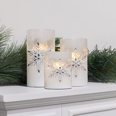 LumaBase Luminarias Battery Operated Glass Snowflake Hurricane Candles 3-pc. Set
