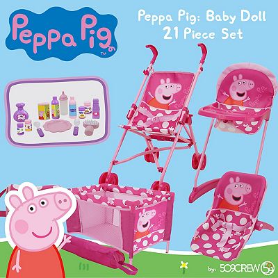 509 Crew 21 Piece Doll Stroll n Play & Care Combo Set, Doll Stroller, Doll Playard, Doll High Chair Set, Carry Cot, Diaper Bag, Feeding and Grooming Accessories, Ages 3