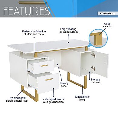 Techni Mobili White and Gold Home Office Desk