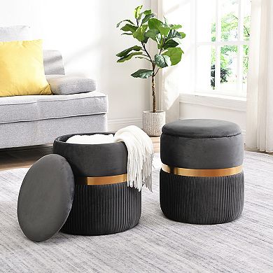 Techni Mobili Modern Velvet Round Ottoman with Storage
