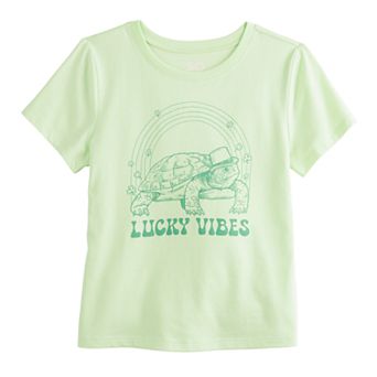 Girls 7-16 SO® St. Patrick's Day "Lucky Vibes" Turtle Short Sleeve Graphic Baby Tee in Regular & Plus