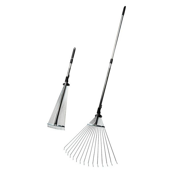 Kings County Tools Adjustable Garden & Leaf Rake with Collapsing Tines & Telescoping Handle - Silver Black