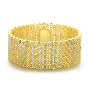 Sterling Silver 14k Gold-Plated Cubic Zirconia Wide Mesh Cuff Bracelet