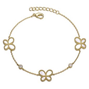 14k Gold over Sterling Silver Mother-of-Pearl Dainty Link Butterfly Bracelet