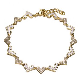 14k Gold over Sterling Silver Heart Cubic Zirconia and Mother-of-Pearl Link Bracelet