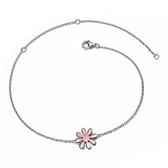 Two Tone 18k Rose Gold & Sterling Silver Daisy Flower Charm Anklet