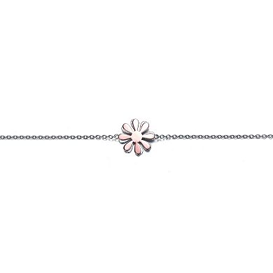 Two Tone 18k Rose Gold & Sterling Silver Daisy Flower Charm Anklet
