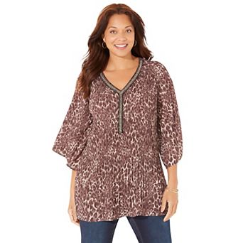 Catherines Women's Plus Size Petite Bejeweled Pleated Blouse