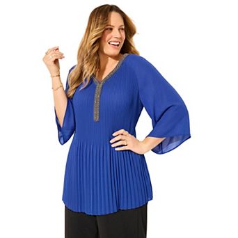 Catherines Women's Plus Size Bejeweled Pleated Blouse