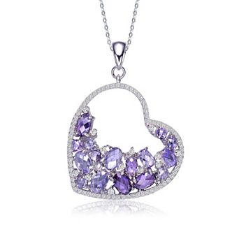 Sterling Silver Purple & Clear Round Cubic Zirconia Open Heart Necklace