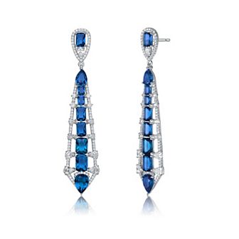 Sterling Silver Blue & White Cubic Zirconia Ladder Style Dangle Earrings