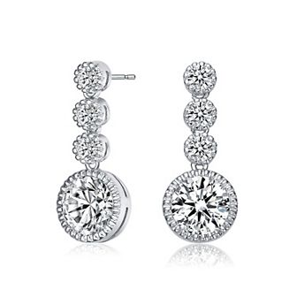 Sterling Silver Cubic Zirconia Bezel Set Three Tier Drop Earrings