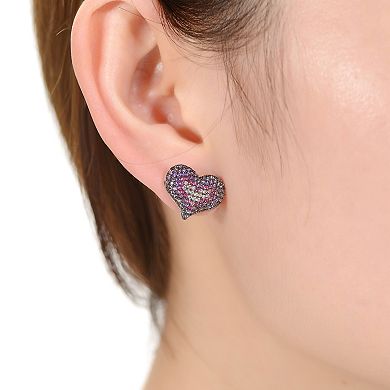 Sterling Silver Multi-Colored Cubic Zirconia Heart Stud Earrings