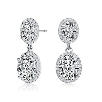 Sterling Silver Oval & Round Cubic Zirconia Halo Drop Earrings