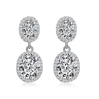 Sterling Silver Oval & Round Cubic Zirconia Halo Drop Earrings