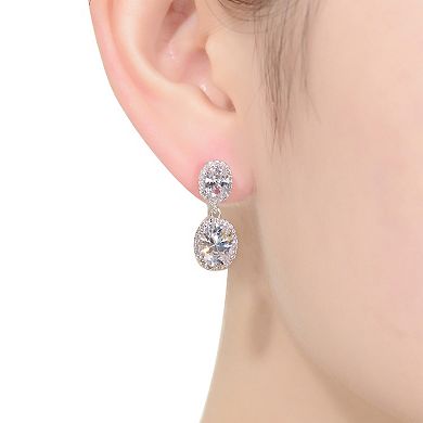Sterling Silver Oval & Round Cubic Zirconia Halo Drop Earrings