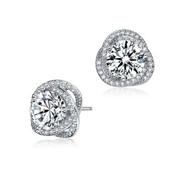 Sterling Silver Round Cubic Zirconia Swirl Halo Stud Earrings
