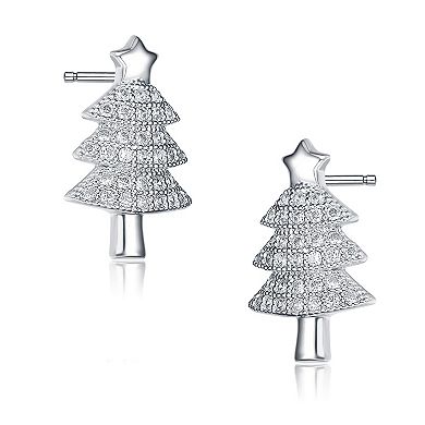 Sterling Silver Cubic Zirconia Pave Christmas Tree Stud Earrings