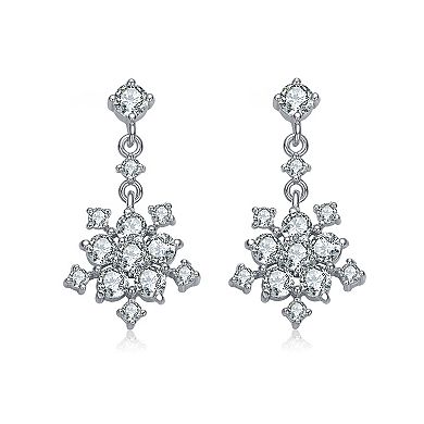 Sterling Silver Cubic Zirconia Cluster Flower Style Drop Earrings