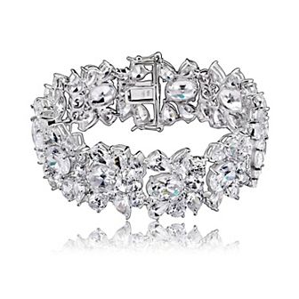 Cubic Zirconia Sterling Silver Wide Flower Bracelet