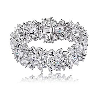Cubic Zirconia Sterling Silver Wide Flower Bracelet