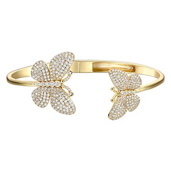 14k Gold over Sterling Silver Cubic Zirconia French Pave Butterfly Open Cuff Bangle Bracelet