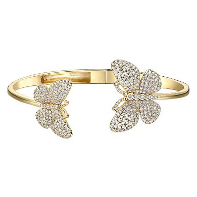 14k Gold over Sterling Silver Cubic Zirconia French Pave Butterfly Open Cuff Bangle Bracelet