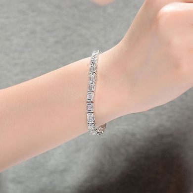 Sterling Silver Clear Emerald- & Round-Cut Cubic Zirconia Cluster Rectangular Link Bracelet