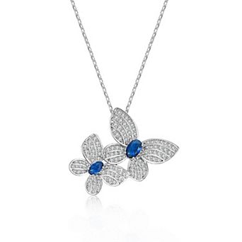 Sterling Silver Cubic Zirconia Double Fluttering Butterfly Pendant Necklace