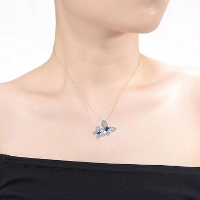 Sterling Silver Cubic Zirconia Double Fluttering Butterfly Pendant Necklace