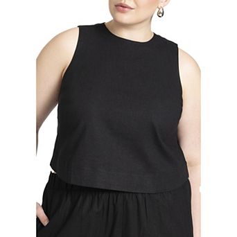 ELOQUII Women's Plus Size Linen-Blend Boxy Scoop Neck Crop Tank