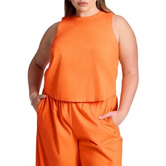 ELOQUII Women's Plus Size Linen-Blend Boxy Scoop Neck Crop Tank