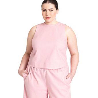 ELOQUII Women's Plus Size Linen-Blend Boxy Scoop Neck Crop Tank