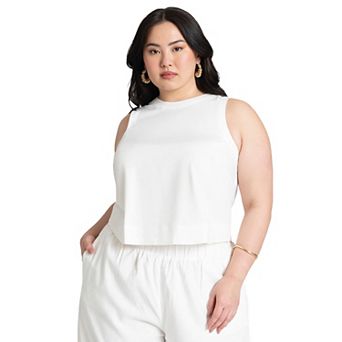 ELOQUII Women's Plus Size Linen-Blend Boxy Scoop Neck Crop Tank