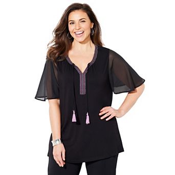 Catherines Women's Plus Size Flutter Sleeve Peasant Top