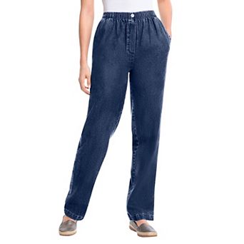 Woman Within Plus Size Petite Straight-Leg All-Cotton Denim Pull-On 7-Day Elastic-Waist Jeans