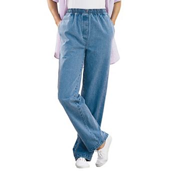 Woman Within Plus Size Petite Straight-Leg All-Cotton Denim Pull-On 7-Day Elastic-Waist Jeans