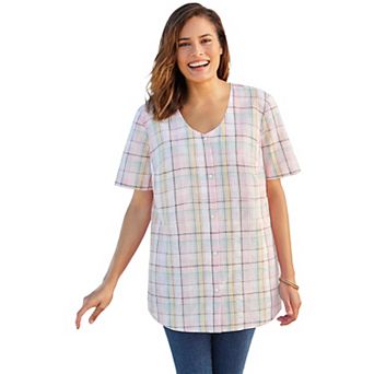Woman Within Plus Size Seersucker Baseball Shirt