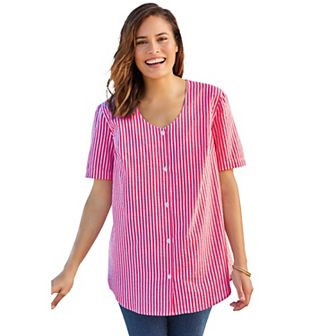 Woman Within Plus Size Seersucker Baseball Shirt