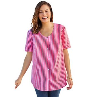 Woman Within Plus Size Seersucker Baseball Shirt
