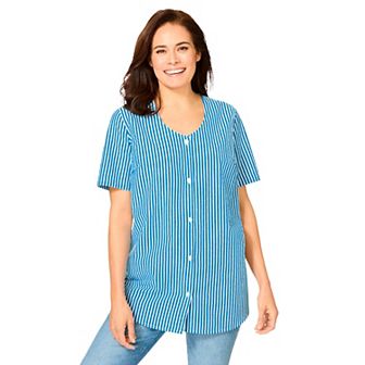 Woman Within Plus Size Seersucker Baseball Shirt