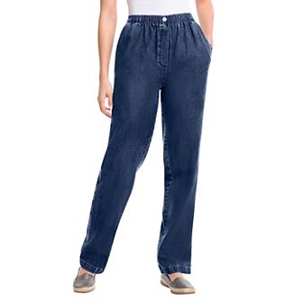 Woman Within Plus Size Tall Straight-Leg All-Cotton Denim Pull-On 7-Day Elastic-Waist Jeans