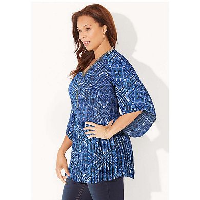 Catherines Women's Plus Size Petite Bejeweled Pleated Blouse
