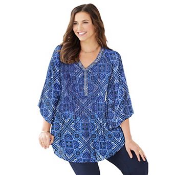 Catherines Women's Plus Size Petite Bejeweled Pleated Blouse