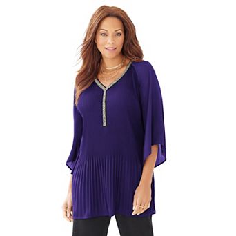 Catherines Women's Plus Size Petite Bejeweled Pleated Blouse