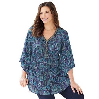 Catherines Women's Plus Size Petite Bejeweled Pleated Blouse