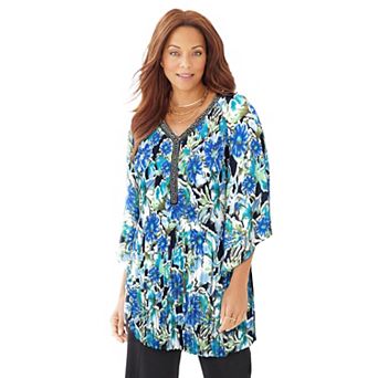 Catherines Women's Plus Size Petite Bejeweled Pleated Blouse