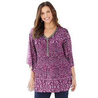 Catherines Women's Plus Size Petite Bejeweled Pleated Blouse