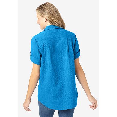 Woman Within Plus Size Short-Sleeve Button Down Seersucker Shirt