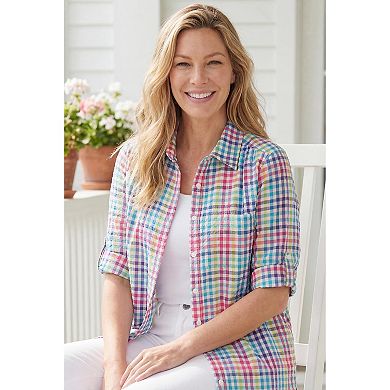Woman Within Plus Size Short-Sleeve Button-Down Cotton Seersucker Shirt